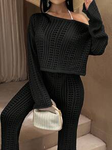 EURMUSE Lacy Knit Crop Top And High-Waisted Trousers Cover Up Comfy - Black - View 6