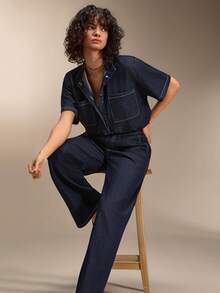 SHEIN Cool Fabric Woman Denim Set V Neck Short Sleeve Top And Loose Fit Jean Pant Set - Dark Wash - View 7