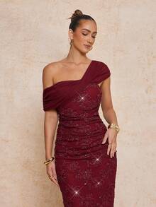 Lumalex Spring/Summer New Burgundy & Purple Sequin Mesh Splice Ruched Asymmetric Shoulder Flattering Long Dress - Burgundy - View 4