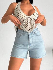 SHEIN 高腰夏季女式牛仔短裤，复古水洗，前拉链 - 深色水洗藍 - 查看 1