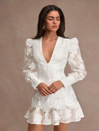 CLARA VERO V Neck Lantern Sleeve Ruffle Hem Broderie Short Dress Fitted Design Mini Length Ideal For Special Celebrations Or Elegant Evening Parties Made In Non-Elastic White Polyester Featuring Structured Shoulders And Decorative Lining