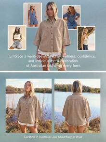 Aralina Áo sơ mi denim nữ dáng rộng, vai rớt, cài một hàng cúc, có túi, kiểu dáng thường ngày. - Cà phê nâu - Xem 11