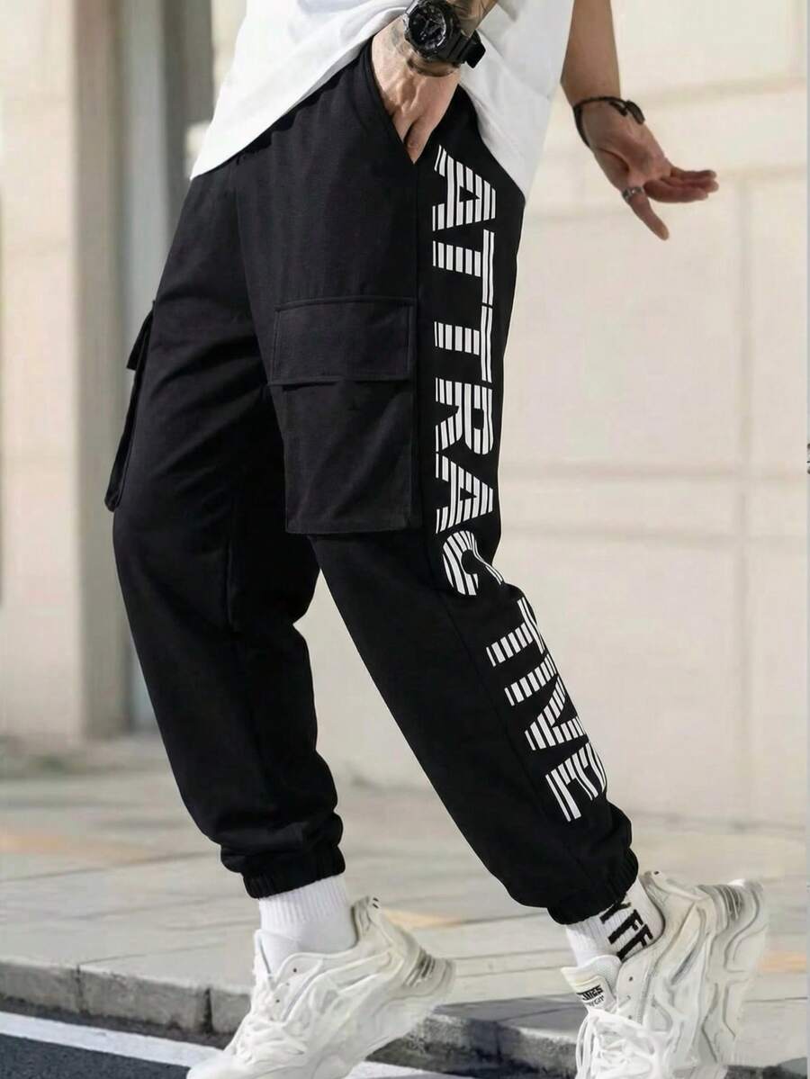 Mirajuku Teenager (Boys) Pants, Big Boy Casual Printed Trousers, Contrast Gradient Letter & Gradient Print, Elastic Waist, Daily Wear, Loose Street Fashion - Black - View 1