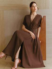 Anewsta Đầm nữ màu nâu linen kiểu Pháp thanh lịch mùa xuân/hè, cổ chữ V sâu, tay cánh dơi, eo thon, xếp ly, dáng xòe, thích hợp cho mặc hàng ngày, dự tiệc, họp mặt, đi nghỉ mát. - Cà phê nâu - Xem 3