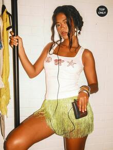 Athîral 女士串珠花朵海星装饰方领休闲背心，串珠闪亮刺绣吊带衫，休闲度假、夏季假期、约会派对、户外活动皆宜，百搭单品，柔软舒适的弹力针织面料 - 彩色 - 查看 5