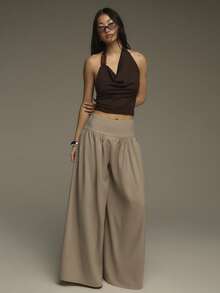 COSMINA Women's Elegant Ruched Loose Wide-Leg Pants, Versatile For Commuting, Office, Daily Wear, Vacation, Casual, Spring - Khaki - View 2