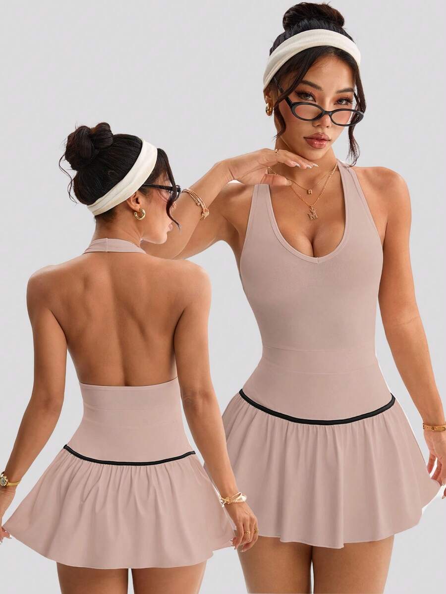Dewbera 女士露背吊带迷你运动连衣裙 - 藕粉色 - 查看 1