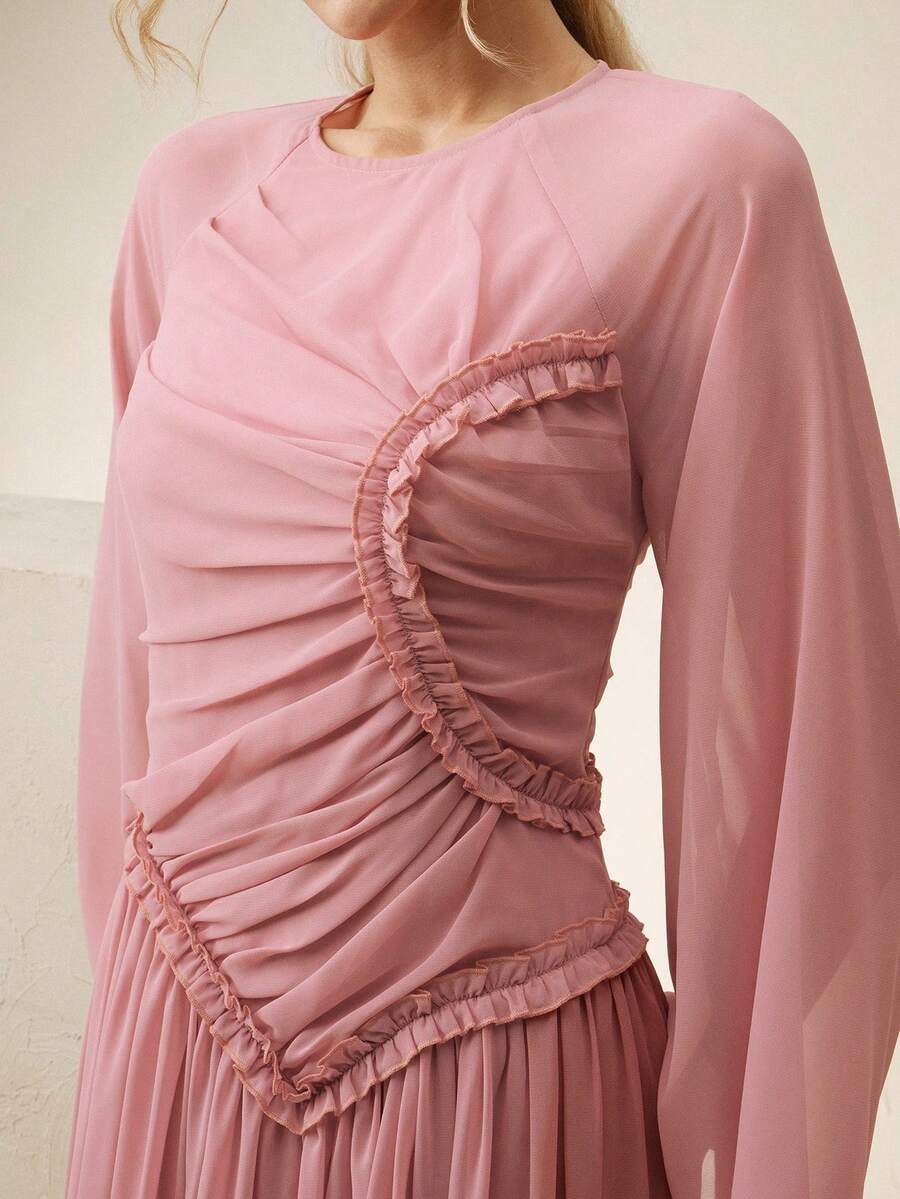 Anewsta High-Quality Fashionable Elegant French Pleated Waist Dress, Niche Design Flare Sleeve Round Neck Formal Gown, Commuting & Party Graceful Dress - Dusty Pink - View 1