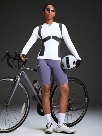 Powerista 女士字母印花撞色拉链领长袖骑行服