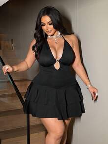 NU&NOW Vestido plus size sexy com decote halter e costas nuas - Preto - Ver 4