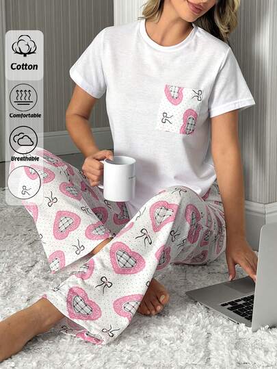 SHEIN Women Cotton 2pcs Heart Pocket Detail Short Sleeved Round Neck Shirt& Heart Pattern Long Sleep Bottom Homewear Comfort Pajama Set