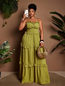 Maweii 度假风荷叶边下摆大码连衣裙 - 綠色 - 查看 4