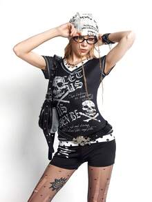 Bloopia Áo thun nữ tay ngắn dệt kim cổ chữ V phong cách vintage punk phối nhiều mảnh, kiểu dáng 2 trong 1, thời trang và đa năng. - Đen và trắng - Xem 7