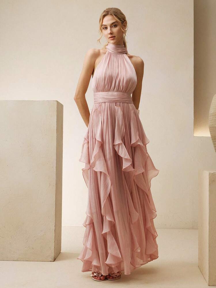 Petite Women's Elegant Sleeveless Halter Dress With Waist Pleats, Shiny Wavy Hem Flowy Skirt, Pink, Suitable For Party, Wedding, Events