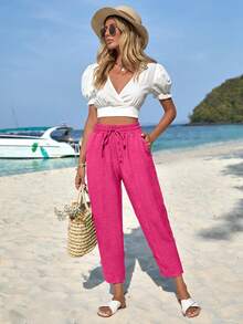 SHEIN Plus Size Casual Tropical Solid Color Pants Vacation Beach Formal Mint Green Autumn - Hot Pink - View 3
