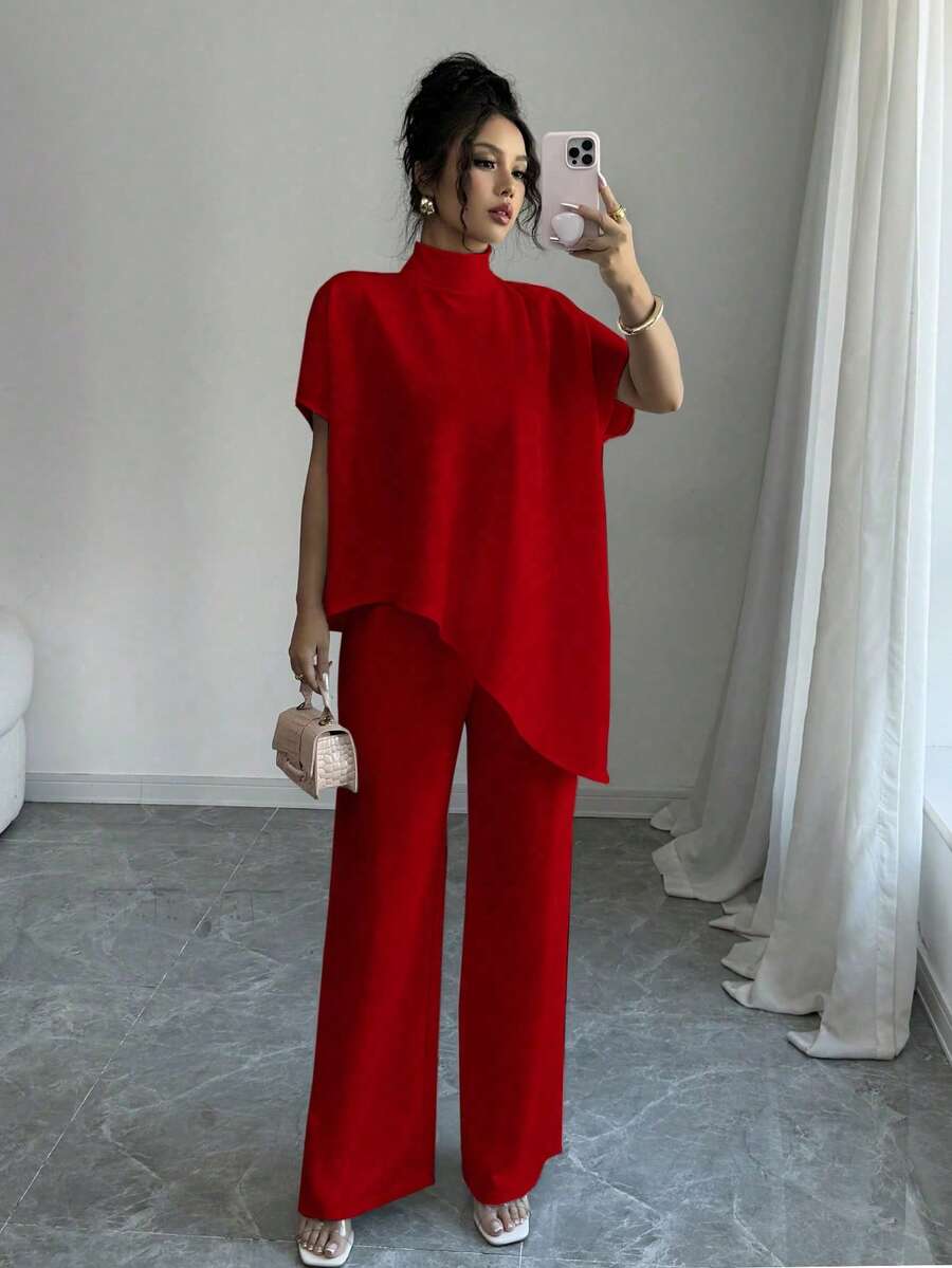 Elenzga Bộ 2 món dành cho nữ: Áo cổ đứng không đối xứng và quần - Màu Đỏ Sâu - Xem 1