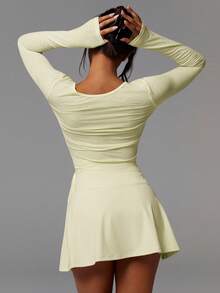 Athîral Áo kiểu thể thao thường ngày, màu trơn, thắt eo, dành cho nữ. - Vàng nhạt - Xem 2