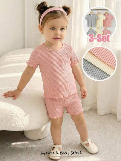 Cozy Pixies 6pcs Baby Girl Solid Color Knit Soft Round Neck Short Sleeve Top And Elastic Waist Shorts Set