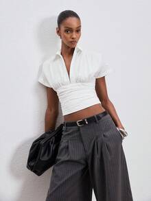 ATUI Studio Blusa de manga corta con pliegues en la cintura, ajuste ceñido, apropiada para ir a trabajar, citas y vacaciones - Blanco - Ver 5