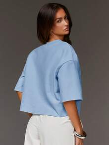 Athîral 女士休闲纯色圆领落肩T恤，夏季 - 淺藍色 - 查看 5