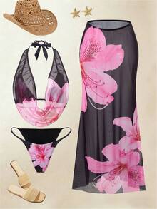 Swim Oasis Women's Black Summer Casual Beach Vacation Holiday Lily Floral Print 3 Pieces Swimwear Set,Sheer Mesh Halter Bikini & Skirt Set With Cover Up - Multicolor - View 3