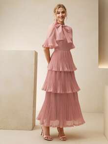 Anewsta 新款高品质品牌女装连衣裙，法式优雅甜美粉色中长连衣裙，高领设计，大蝴蝶结，喇叭袖，收腰，层叠荷叶边裙摆，适合约会和通勤，显瘦。 - 藕粉色 - 查看 4