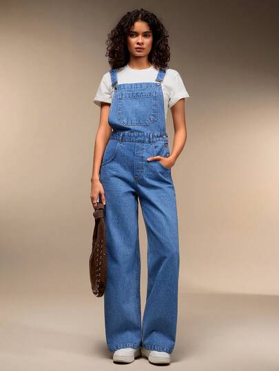 SHEIN Women's Casual Loose Denim Jumpsuit With Pockets And Button Design Womens Overalls Denim Jumpsuits For Woman 2000s Style Women S Overall Denim Overalls