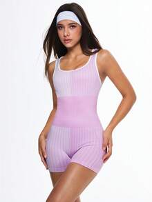 Eassivo 女士无缝高弹力健美操瑜伽健身露背连体裤 - 粉色 - 查看 1