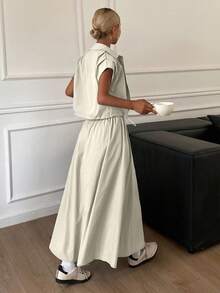 DAZY 女士夏季休闲纯色短款衬衫和半裙两件套 - 綠色 - 查看 2