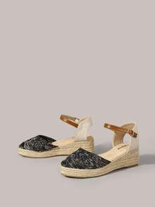 Styleloop Women's Summer New Platform Wedge Heel Black Ankle Strap Woven Material Breathable Fisherman Sandals - Black - View 3