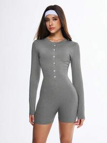 Gameset SHEIN Sport Mono deportivo casual de mujer de unicolor, cuello redondo, manga larga y diseño con botones - Gris - Ver 4