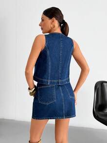 SHEIN 100% Cotton Women's Denim Two Pieces Outfits - Medium Wash - View 2