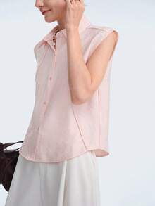 Aalyst 女士春夏提花棉质法式优雅休闲办公通勤度假浪漫高端海滩下午茶衬衫领短袖浅粉色插肩袖上衣 - 粉色 - 查看 4