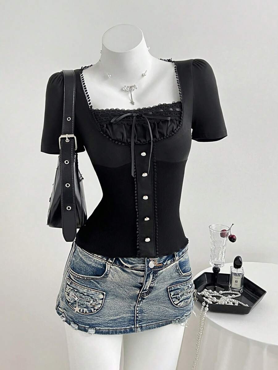 Elamini 女士T恤，蕾丝拼接，纹理针织，高弹力，修身款 - 黑色 - 查看 1