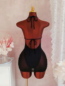 Swim Vcay Deep V-Neck Backless Elegant Ruffle Hem Solid Color Skirt, Beaded Spring/Summer Beach Bikini Swimsuit 2-Piece Set - Black - View 2
