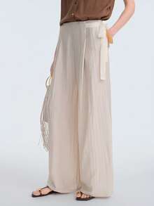 Aalyst 女士纯色亚麻质感中腰褶裥侧系带口袋宽松直筒杏色长裤，优雅法式复古简约风格，适合办公室、通勤、商务、休闲、海滩、日常穿着，春夏新品 - 杏色 - 查看 8