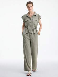 Aalyst 女士纯色亚麻质感衬衫，金属纽扣闭合，宽松腰部抽绳，金属猪鼻子纽扣装饰，可调节腰带，喇叭袖，工装口袋，短袖，橄榄绿衬衫搭配高腰弹力直筒宽松裤，优雅复古法式办公室通勤商务休闲百搭套装，舒适休闲海滩度假街头风春夏新款 - 軍綠色 - 查看 3