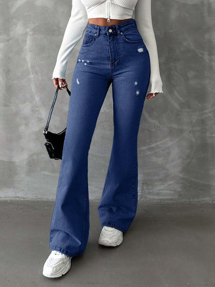 SHEIN Cottnline 98%Cotton Zipper Fly Distressed Bell Bottom Jeans - Medium Wash - View 1