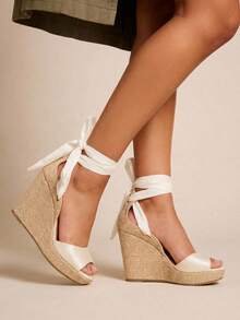 Women's Platform Sandals, Jute Wedge, Espadrille Wedge, High Espadrilles, Tie Straps, Wedge Heel, Comfortable, Casual, Boho, Summer, Women's Fashion - 米色 - 查看 3
