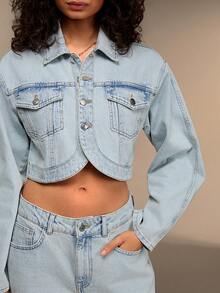 SHEIN Woman Denim Set 2 Pieces Crop Design Jacket And High Waist Jean Baby Blue - Light Wash - View 7