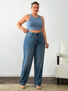 EURMUSE Plus Size Casual Everyday Washed Slant Pocket Jeans - Medium Wash - View 3