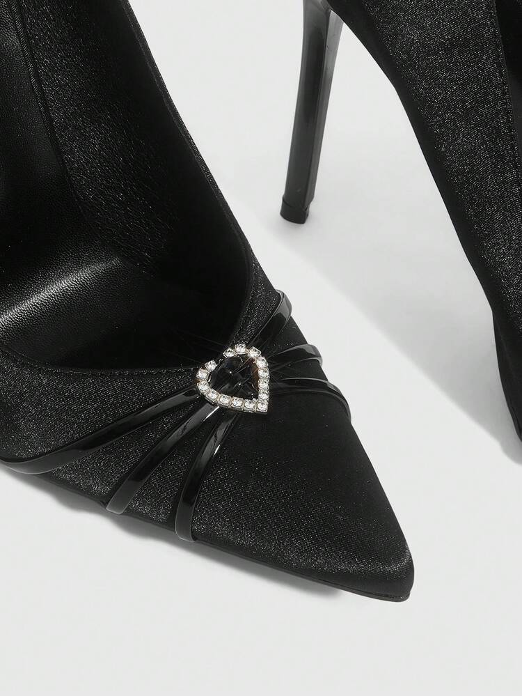 CUCCOO SZL Women Shoes Pointed Thin High Heel Black Love Rhinestone Buckle Stylish Simple Sexy Dinner Party Party Dating Ladies High Heel Shoes Women's Shoes
