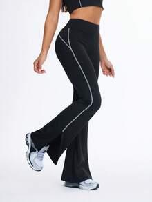 Eassivo Women's Casual Contrast Stitching Flared Sports Pants - Black - View 5