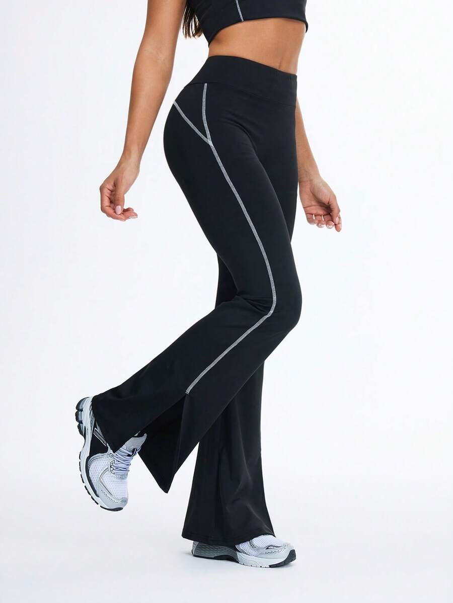 Eassivo Women's Casual Contrast Stitching Flared Sports Pants - Black - View 1