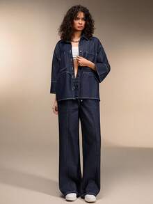 SHEIN Cottnline WOMEN Two Pieces SET SHIRT AND TROUSERS - Dark Wash - View 3