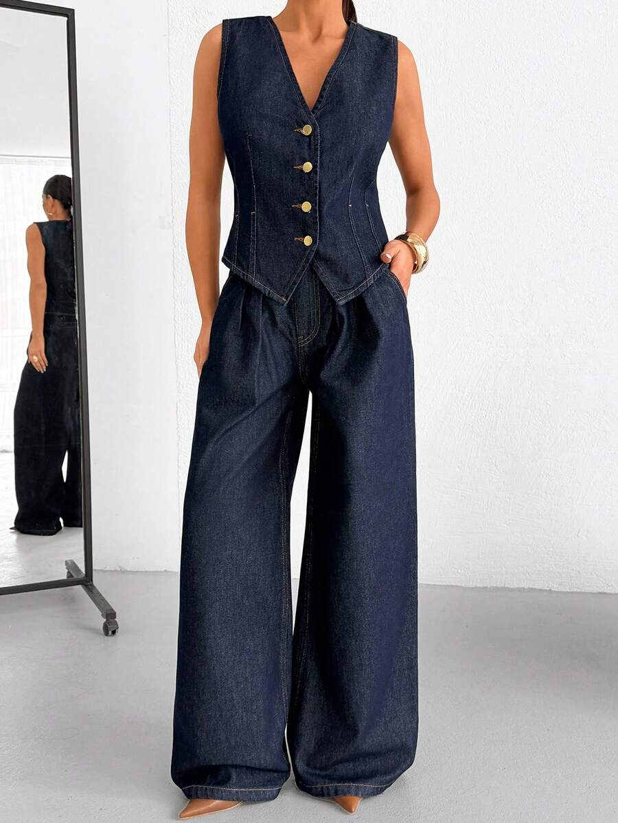 SHEIN Women's Casual Front Button Denim Blouse And Jeans Set, Summer - Dark Wash - View 1