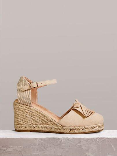 Styleloop Women's Summer New Wedge Thick Woven Bottom Apricot Tassel Ankle Strap Comfortable Breathable Casual Outdoor Vacation Fisherman Sandals