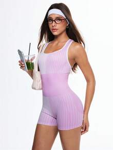 Eassivo 女士无缝高弹力健美操瑜伽健身露背连体裤 - 粉色 - 查看 6