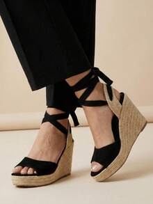 Women's Platform Sandals, Jute Wedge, Espadrille Wedge, High Espadrilles, Tie Straps, Wedge Heel, Comfortable, Casual, Boho, Summer, Women's Fashion - 黑色 - 查看 3