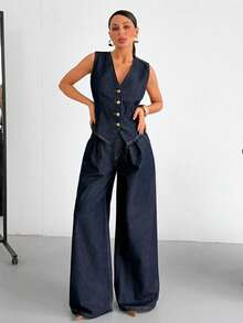 SHEIN Women's Casual Front Button Denim Blouse And Jeans Set, Summer - Dark Wash - View 3